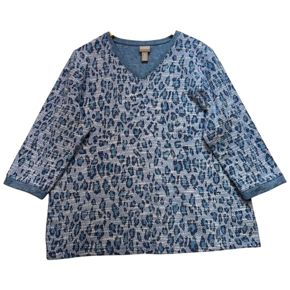Chico's Women's V Neck Pullover Sweater Long Sleeve Size 3 Blue Leopard Stretch